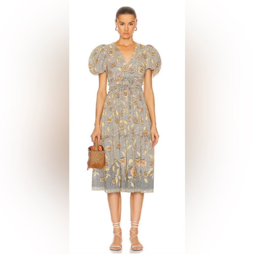 NWOT Ulla Johnson Gray and Yellow Puff Sleeve Maxi Dress